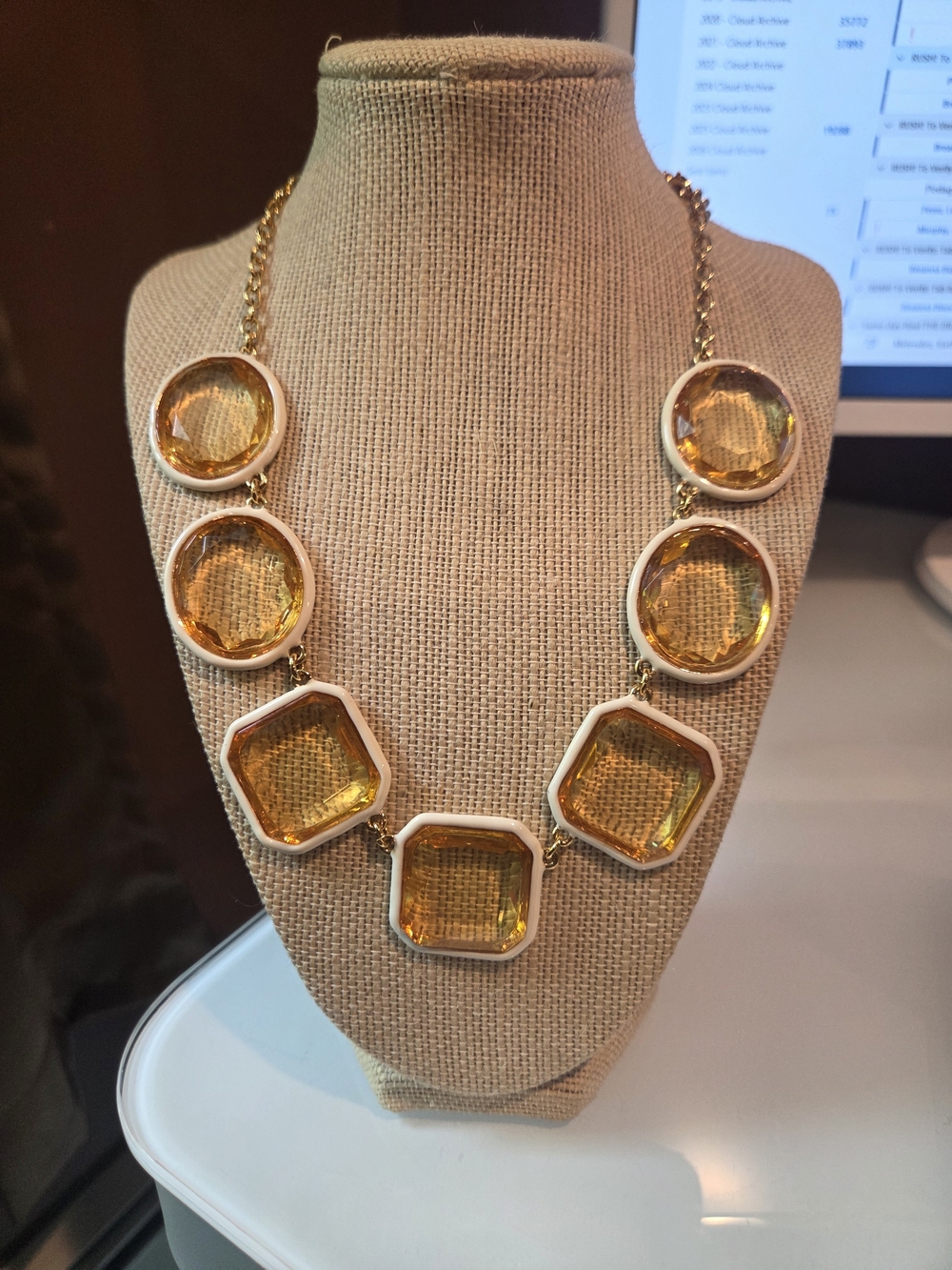 Kate Spade Geometric White Enamel & Yellow Acrylic Necklace  26” Adjustable